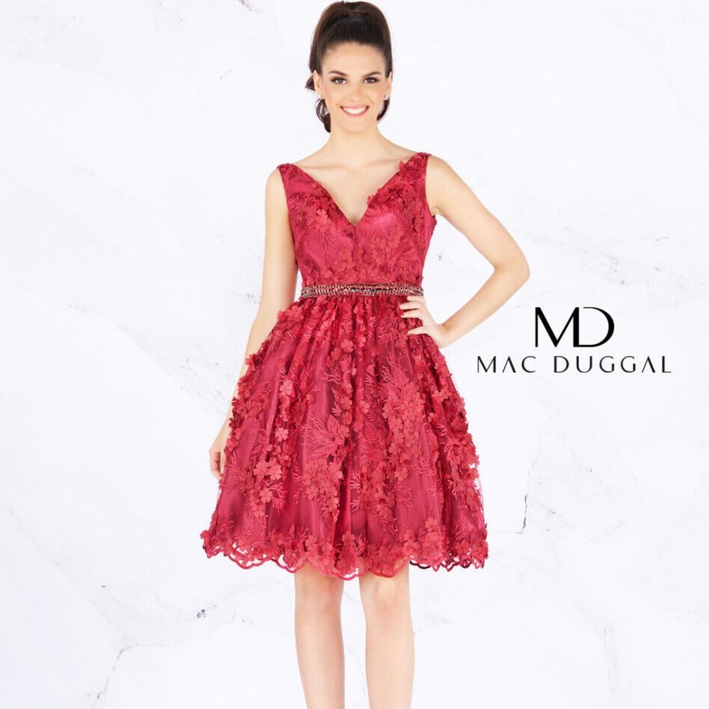 MAC DUGGAL 66756N FLORAL 3D APPLIQUE V-NECK A-LINE COCKTAIL GARNET RED DRESS 16